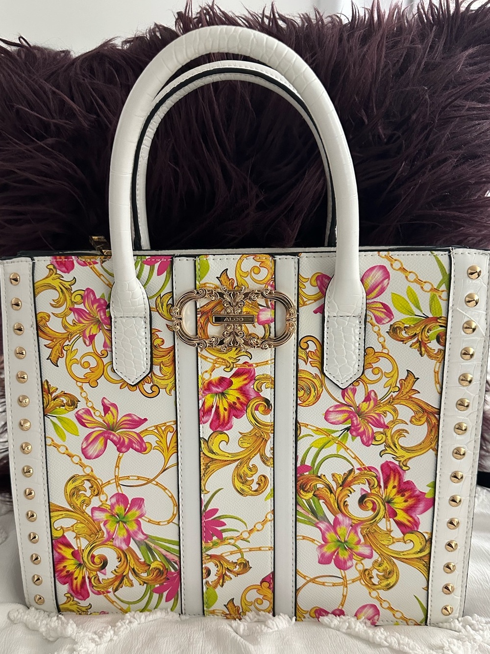 ALDO Theodoraa Beige Top Handle Bag with Gold Hardware